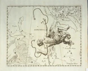 Boreal stjärnbild Andromeda, gravyr från himmelsatlas Firmamentum Sobiescianum sive Uronographia, av Johann Hevelius (1611-1687), Gdansk
