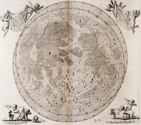 Första detaljerade karta över månen tecknad 1647 av Johann Hevelius, tryck hämtat från Johann Hevelius (1611-1687) himmelsatlas Selenographia sive Lunae descriptio, Gdansk
