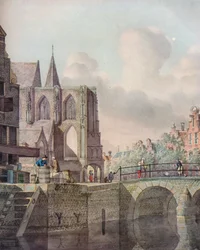 Kontinental flodscen med bro och kyrka, c1700-talet
