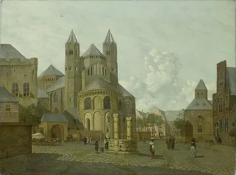 Imaginär stadsbild med romansk kyrka