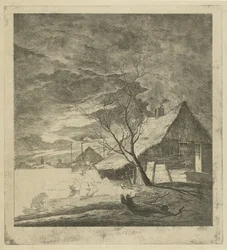 Nattlandskap med gård och skridskoåkare