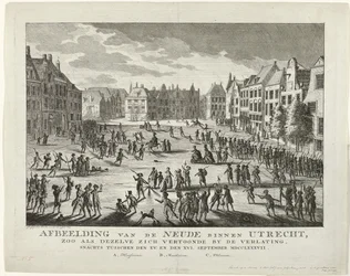 Patrioter lämnar Neude i Utrecht, 1787 Skildring av Neude inom Utrecht, som den såg ut under desertering på natten mellan XV. och XVI. September MDCCLXXXVII (titel på objekt)