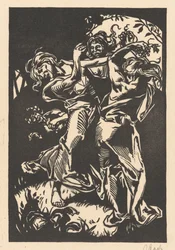 Dansande kvinnor med druvklasar och satyr
