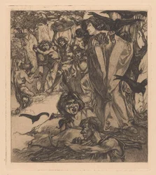 Skogbevuxen landskap med människor, kråkor och satyr