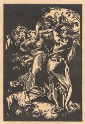 Dansande kvinnor med druvklasar och satyr