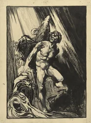 Lucifer i ett stenigt landskap vid en bäck, tittar upp mot ljuset