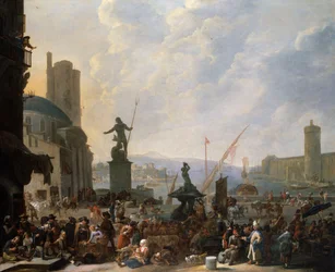 En Capriccio av en medelhavshamn med Berninis Tritonfontän och en Capriccio av Louvren.