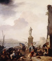 En medelhavshamn med monumentet över storhertig Ferdinando I av Toscana vid Leghorn,