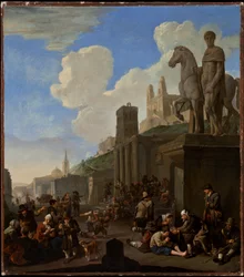 En gatuscen med en Capriccio av romerska byggnader