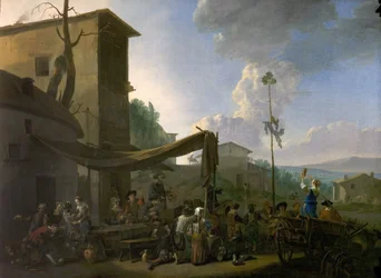 En byfestival, bönder glada utanför ett värdshus, tidigt 1650-tal