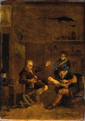 En kirurg behandlar en mans fot. Mezzotint efter en komposition tillskriven Johannes Lingelbach.