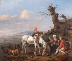 Landskap med Resande Resting (olja på ekpanel) svensk