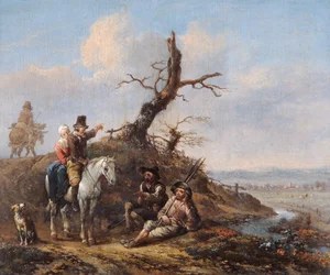 Landskap med resenärer som vilar och par till häst (olja på ekpanel)