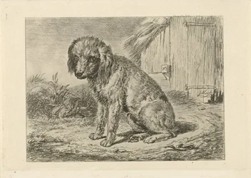 Sittande hund vid en lada