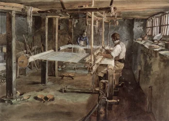 Appenzell vävarpar i arbete på handvävstolen, omkring 1830