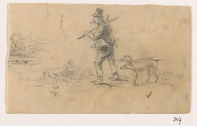 Jägare med hundar och en hare på ryggen