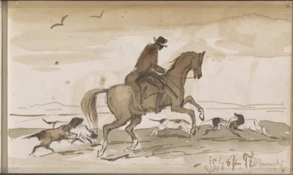 Landskap med en ryttare och springande hundar