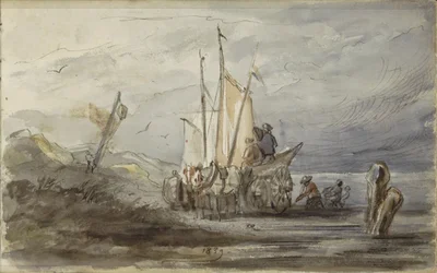 Häst och vagn på en bank nära ett segelfartyg