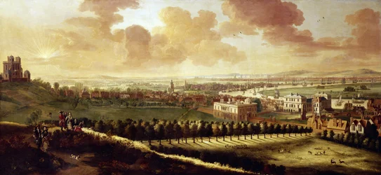 Vy över Greenwich och London (England), ca 1680, med det kungliga observatoriet till vänster, i mitten drottningens hus och hjortar som springer fritt i parken