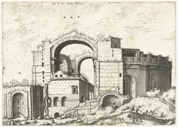 Gezicht op de Sint Pieter i Rom Deformation av Aedis D. Peter Romana (titel på objekt) Romerska ruiner, 1561 (serietitel)