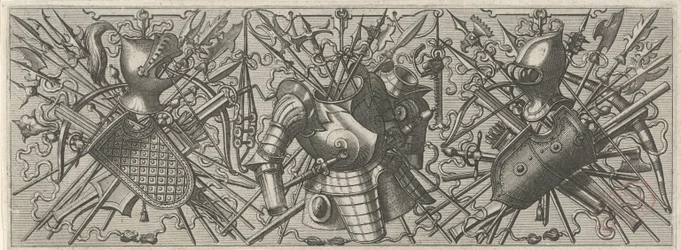 Frisisk med hjälm, en sköld och korsade stickvapen och korsbågar Panoplia Sev Armamentarium ... (serietitel)