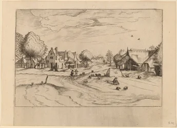 Landsby med får och sittande herde