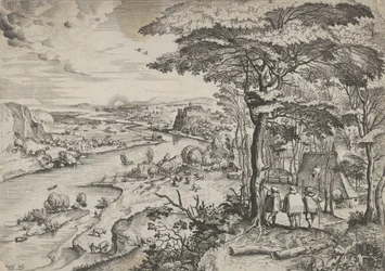 Åker till Emmauslandskap med pilgrimer i Emmaus, ca. 1555-56. Skapare: Johannes van Doetecum I, Lucas van Doetecum.