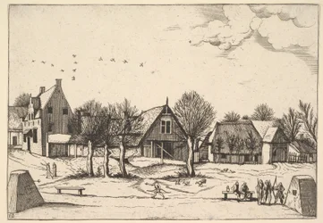 Country Village, bågskyttar i förgrunden från Multifariarum casularum ruriumque linea..., 1559-61.