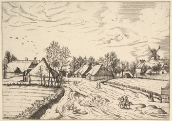 Landsby med postkvarn från Multifariarum casularum curios funktioner..., 1559-61