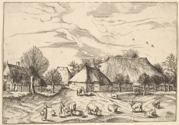Gårdar, boskap med herdar och mjölkpigor i förgrunden från Multifariarum casularu..., 1559-61.