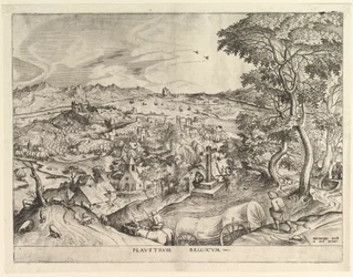 Den belgiska vagnen Plaustrum Belgicum från The Large Landscapes, ca. 1555-56.