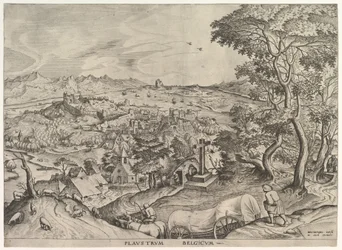 Den belgiska vagnen Plaustrum Belgicum från The Large Landscapes, ca. 1555-56.