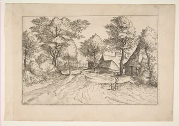 Village Road with a Farm and Sheds, från serien, The Small Landscapes Multifariaru..., 1559-61.