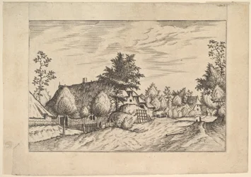 Bygata, hö staplat framför en gård från Praediorum villarum et rusticar..., ca. 1559-61.