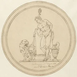 Allegorisk mansfigur, stående med två lejon