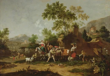 Italienskt landskap med figurer och djur