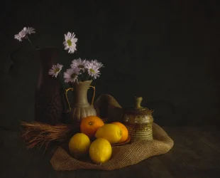 Stämningsfulla blommor och frukt