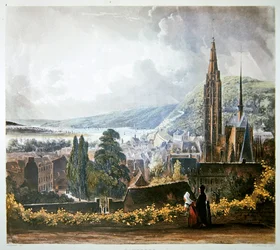 Caudebec, från "Views on the Seine", graverad av Thomas Sutherland (f.1785), utgiven av R. Ackermann (1764-1834) 1821 (litografi i färg).