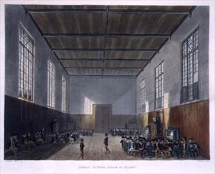 Great School Room of Rugby, från "History of Rugby School", en del av "History of the Colleges", ingraverat av Daniel Havell (1785-1826) pub. av R. Ackermann