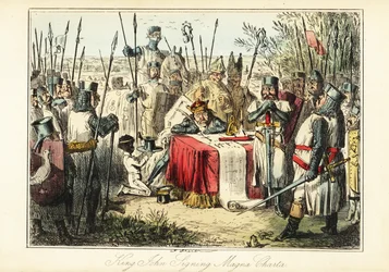 Kung John omgiven av baroner och biskopar som undertecknade Magna Carta vid Runnymede