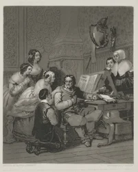 The Family of Cromwell interceding for The Life of Charles I, tryck gjord av Alfred Johannot (mezzotint)
