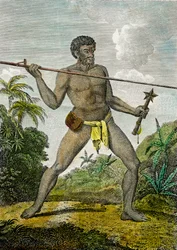 Avbildning av en man från Nya Kaledonien som kastar ett spjut. I sin andra hand håller han en klubba, ca 1800 (gravyr)