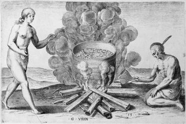 Cooking in a Pot, gravyr av Gysbert van Veen (1562-1628) (gravyr)