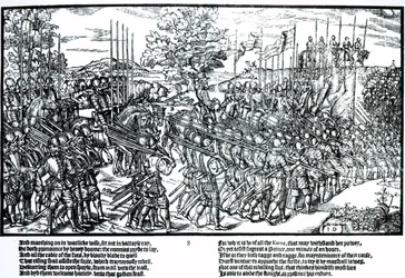 Sidney och den engelska armén på marsch med standar och trumpeter, plansch 8 från "The Image of Ireland" av John Derricke