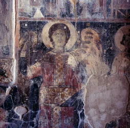 Ängel, fresk i den bysantinska kyrkan Agios Nikolaos, Maza, Kreta, Grekland