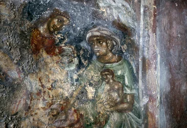 Fresco of Holy Family, Bysantine Church of Ayios Stephanos, Drakona, Kreta, Grekland (foto)