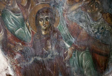 Fresk av helgon i den bysantinska kyrkan Ayios Stephanos, Drakona, Kreta, Grekland (foto)
