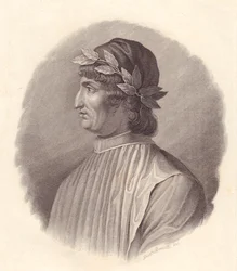 Porträtt av den italienske poeten och humanisten Angelo Ambrogini även känd som Poliziano (1454-1494), kopparstick av G Bonatti