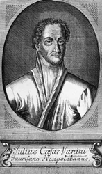 Porträtt av Lucilio Vanini, känd som Giulio Cesare Vanini (1585-1619), italiensk filosof, läkare och fritänkare som var en av de första betydande företrädarna för intellektuell libertinism, gravyr