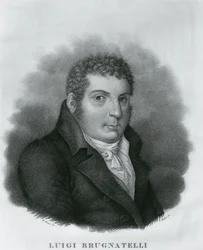 Porträtt av Luigi Valentino Brugnatelli (1761-1818), italiensk kemist och uppfinnare av galvanisering, etsning av Luigi Rados (1773-1840) efter teckning av Roberto Focosi (1806-1862)